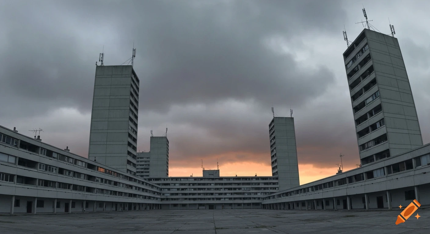 Wide shot of concrete French suburban housing projects with HLM towers and an empty courtyard under an overcast sky with orange sunset reflections.