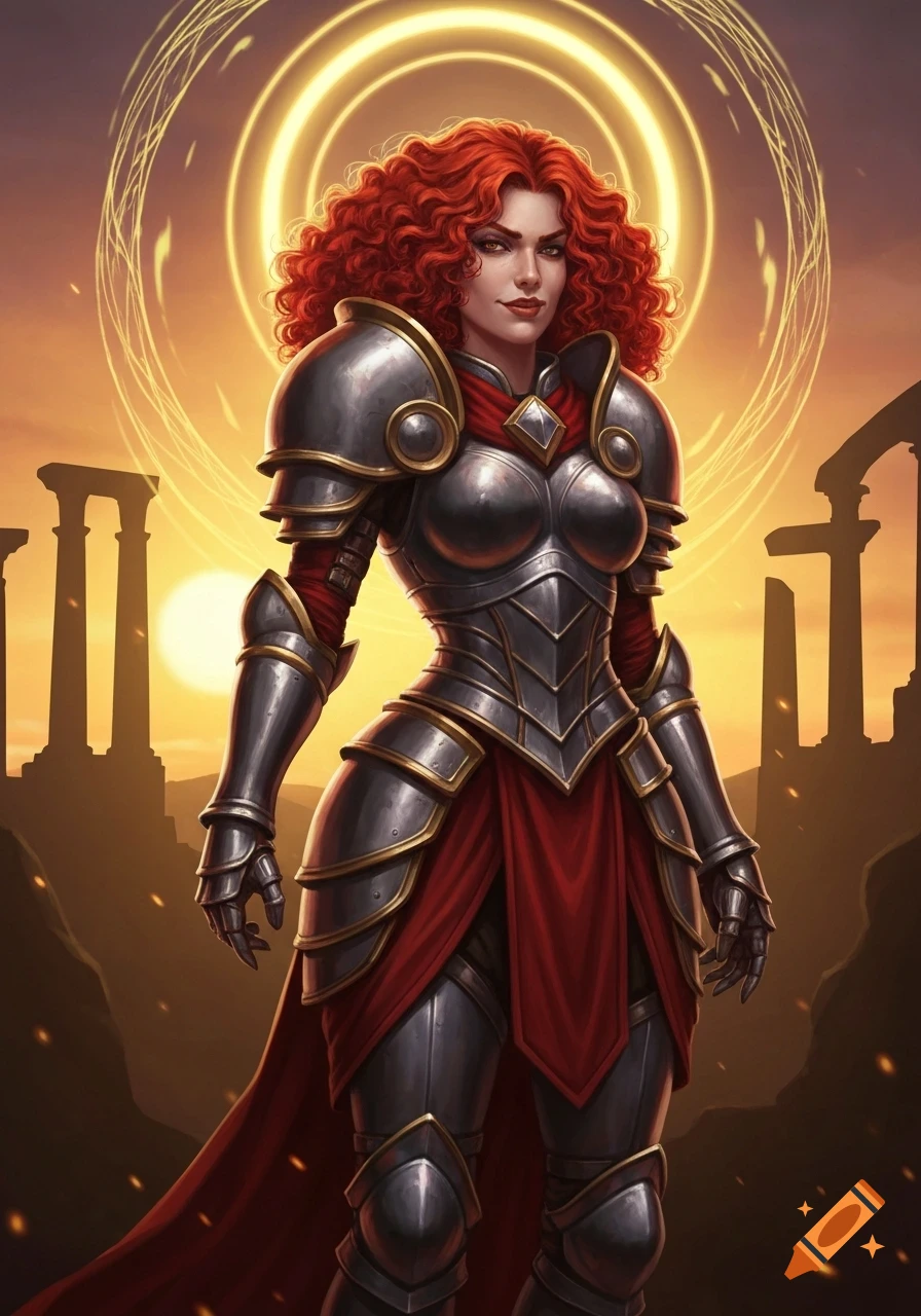 A female paladin with curly red hair in detailed silver and gold armor, standing before a sunset sky with ancient ruins.