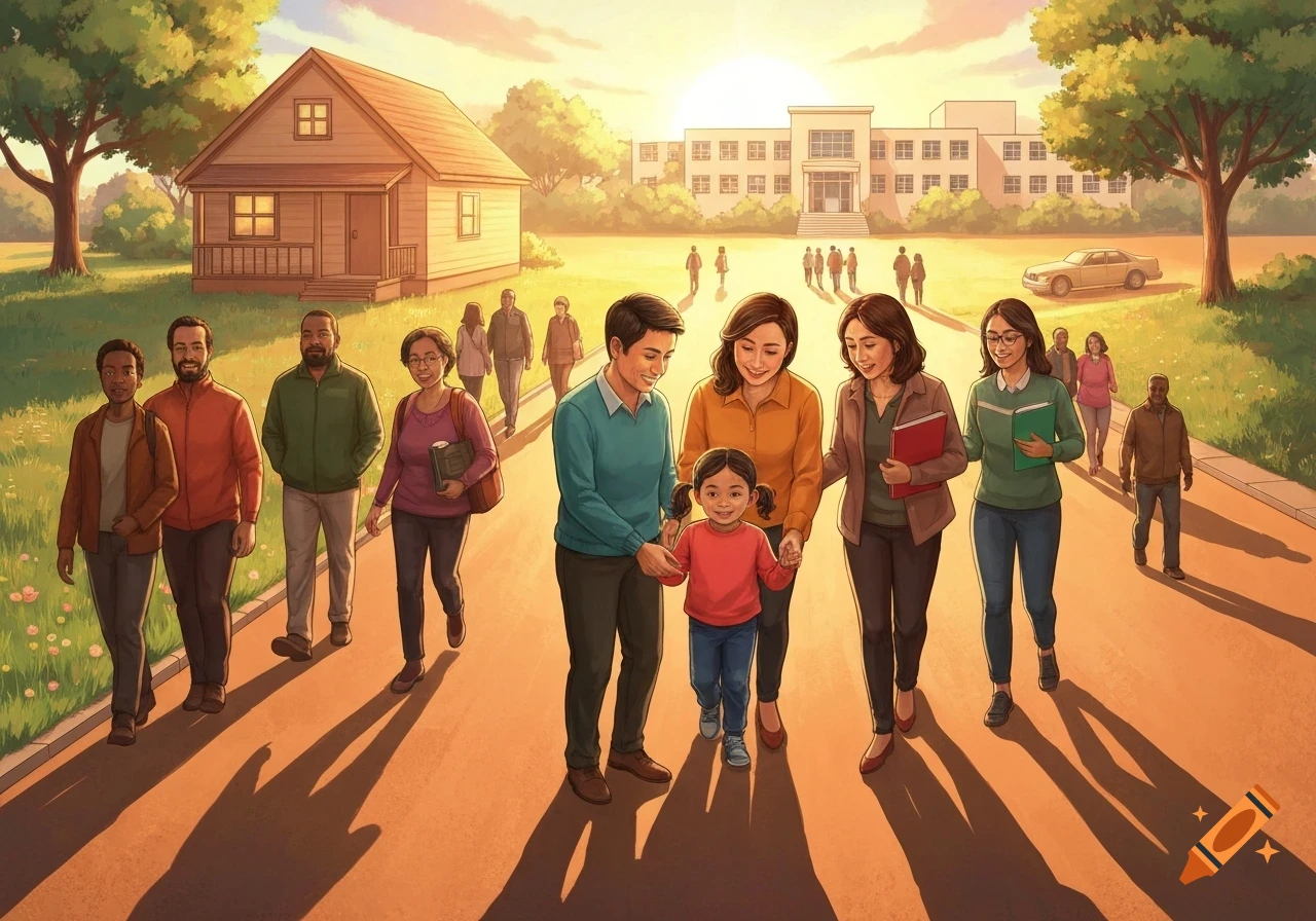 A stylized illustration shows a diverse group of families and people walking on a path towards a school and a house at sunset.