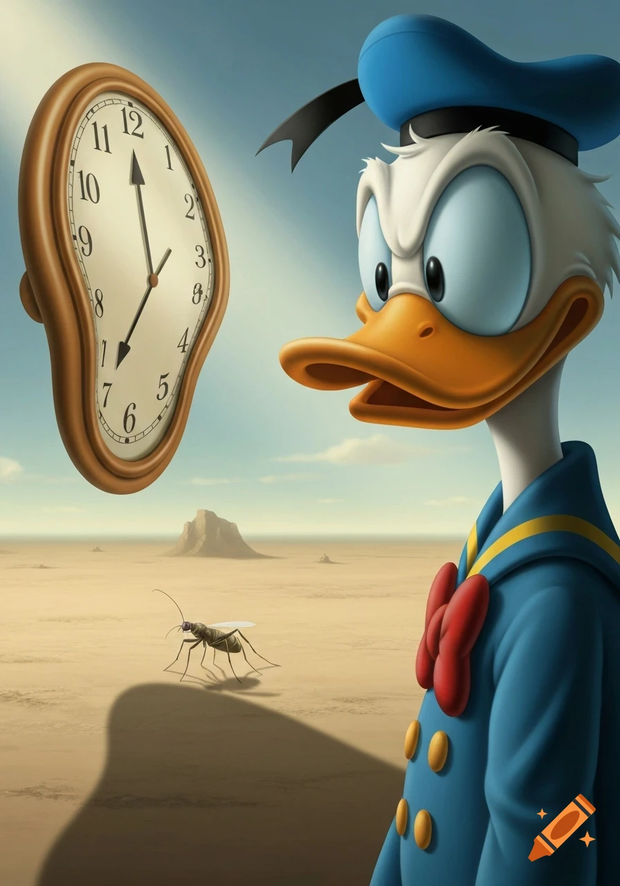 Donald Duck with an angry expression looking at a melting clock and a large insect in a surreal, Dali-esque desert landscape.