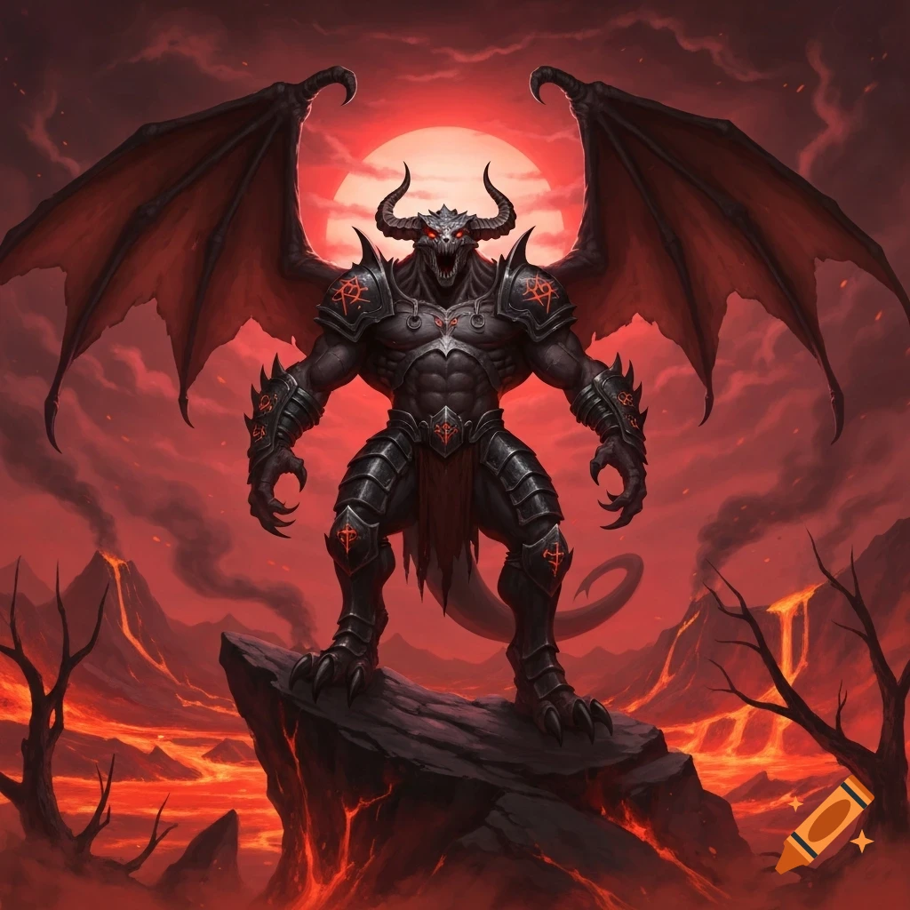 A massive, horned demon with black armor and large wings stands on a jagged rock in a fiery, volcanic landscape under a blood-red sky.