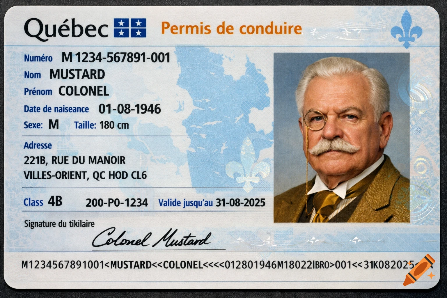 A photorealistic Quebec driver's license for Colonel Mustard, showing his portrait, signature, and personal details.