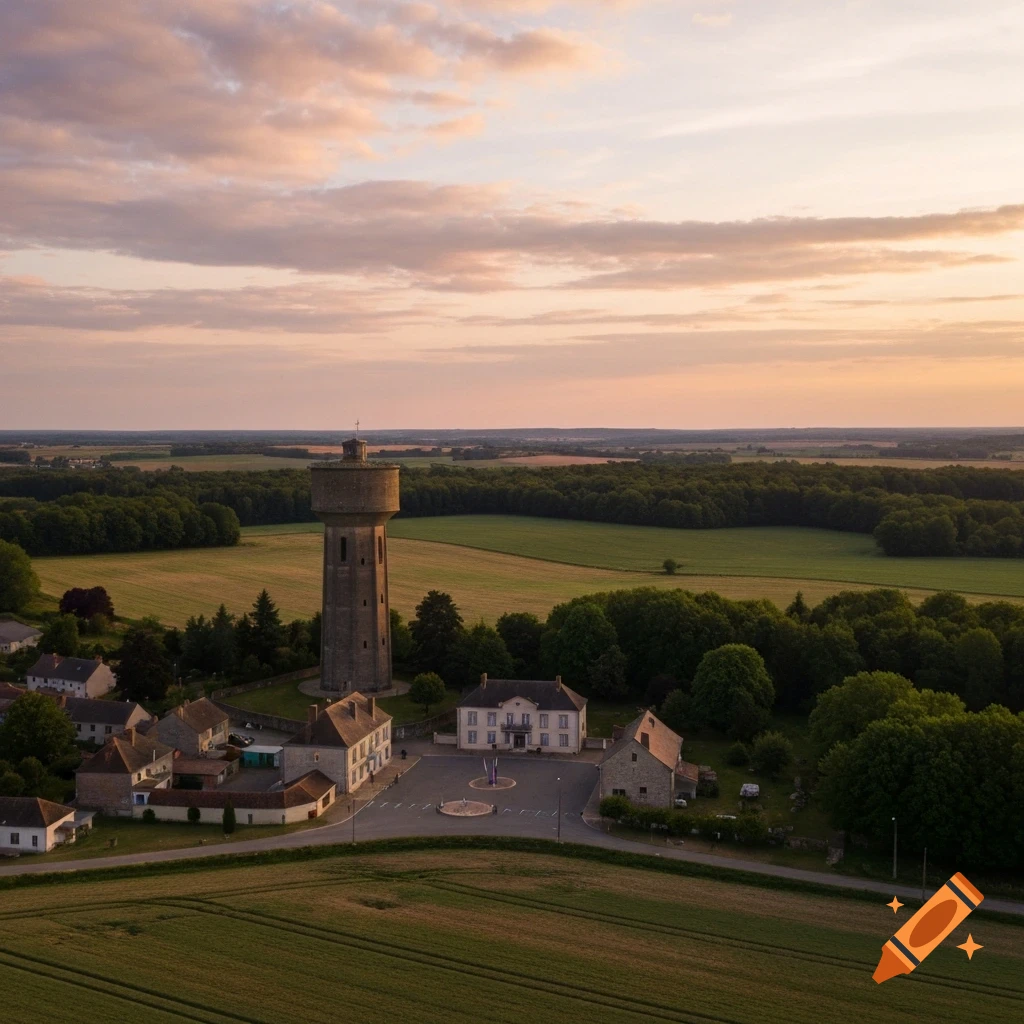 Aerial view of a small French village with a water tower, fields, and forests under a sunset sky.