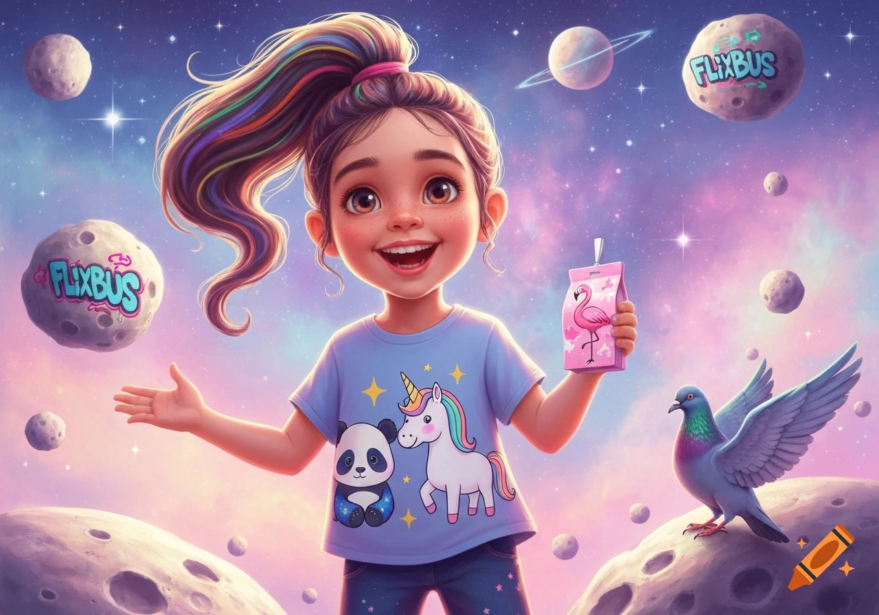 A smiling cartoon girl with rainbow hair in a starry space with moons, holding a flamingo drink, with a panda and unicorn on her shirt.