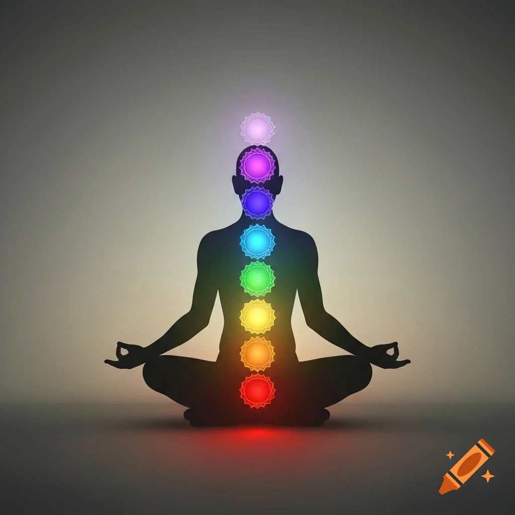 Silhouette of a person sitting in a meditative pose with seven glowing, colorful chakras aligned along their body.