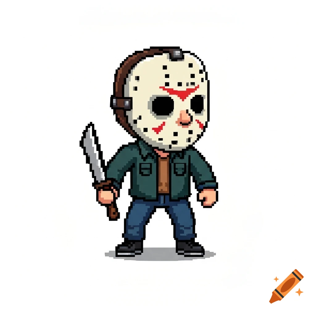 A pixel art chibi character of Jason Voorhees wearing a hockey mask and holding a machete.
