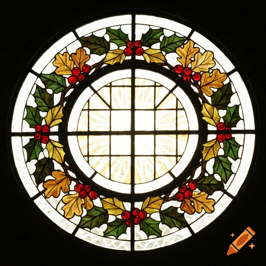 A round stained glass window features a wreath of green holly and yellow oak leaves with red berries on a dark background.