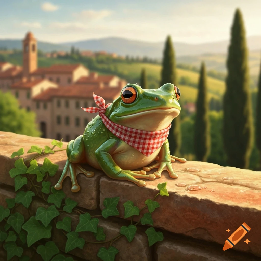 A cute green frog wearing a red checkered bandana sits on a stone wall overlooking an Italian village and countryside.