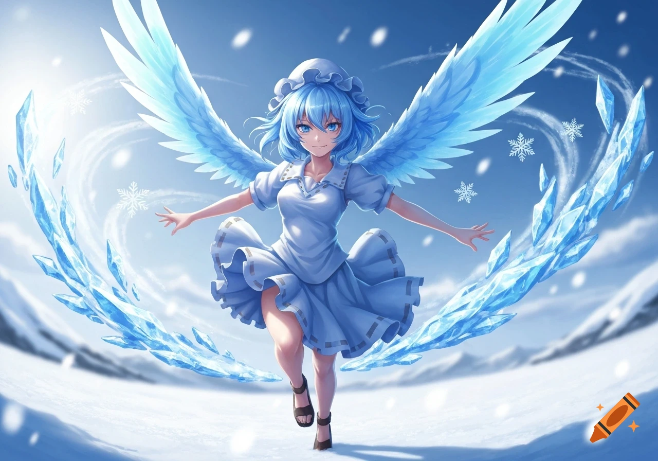 Blue-haired anime girl with ice wings and a light blue dress running in a snowy landscape with ice shards and snowflakes.