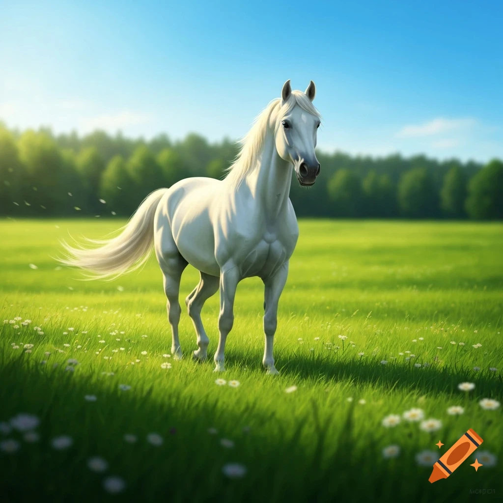 A majestic white horse stands in a lush green meadow dotted with wildflowers under a clear blue sky.
