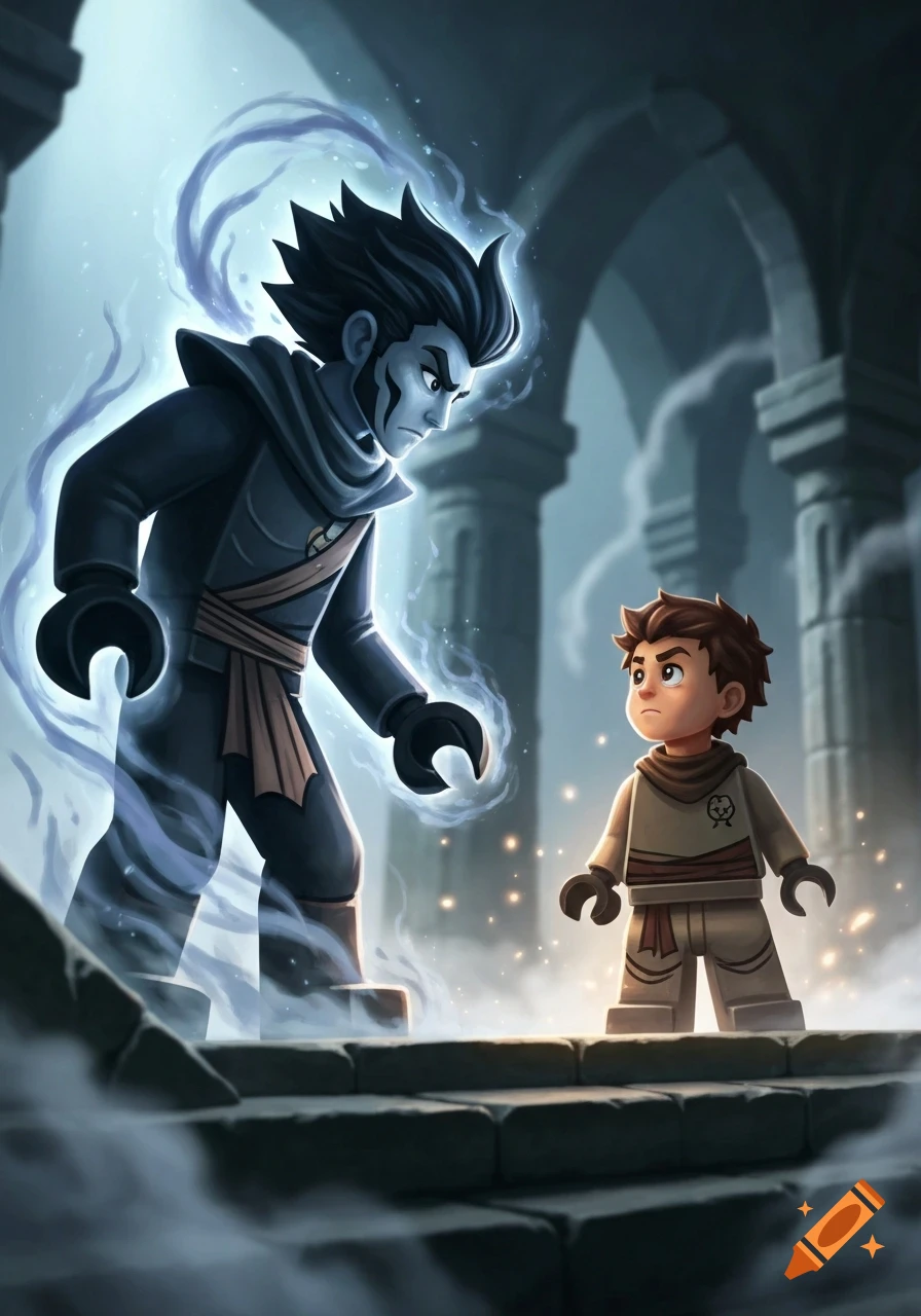 A larger, glowing Morro Lego figure faces his younger, smaller self in ancient ruins, a scene from Ninjago.