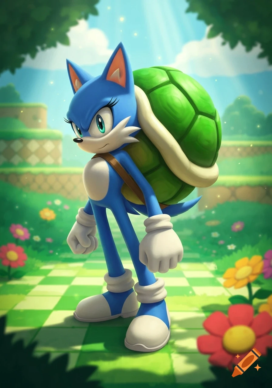 A blue fox-like character with a green turtle shell stands in a bright, cartoonish video game landscape with flowers.