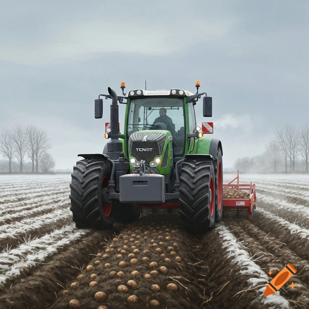 Green Fendt tractor harvesting potatoes in a snowy field under an overcast sky. Photorealistic.