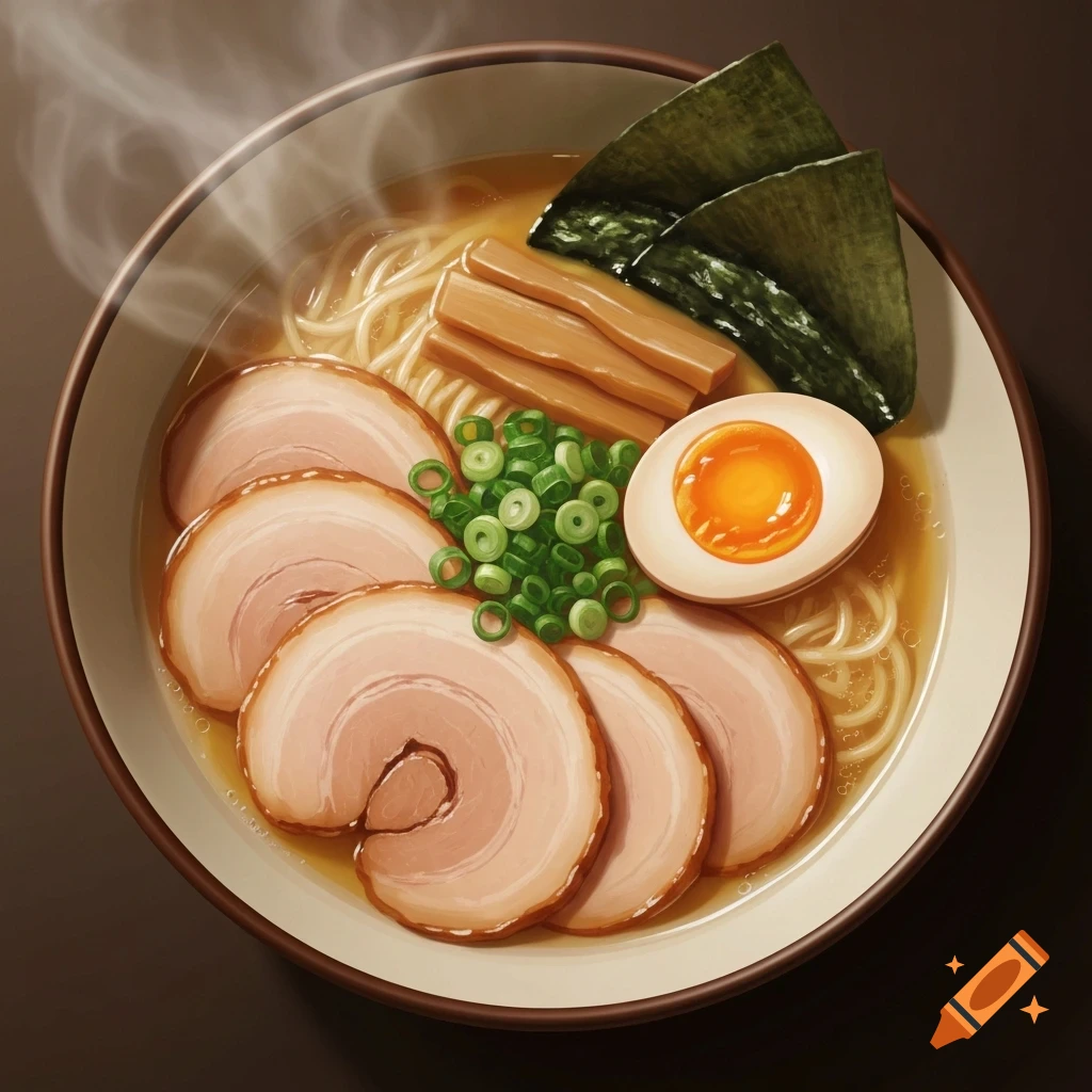 A steaming bowl of Japanese ramen with noodles, sliced pork, a soft-boiled egg, green onions, bamboo shoots, and nori.