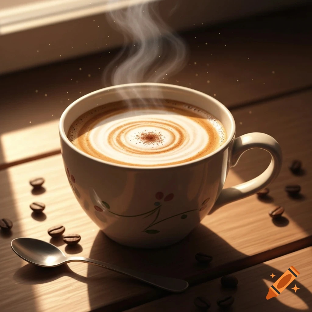 Steaming cup of cafe con leche with latte art, a spoon, and scattered coffee beans on a sunlit wooden table.