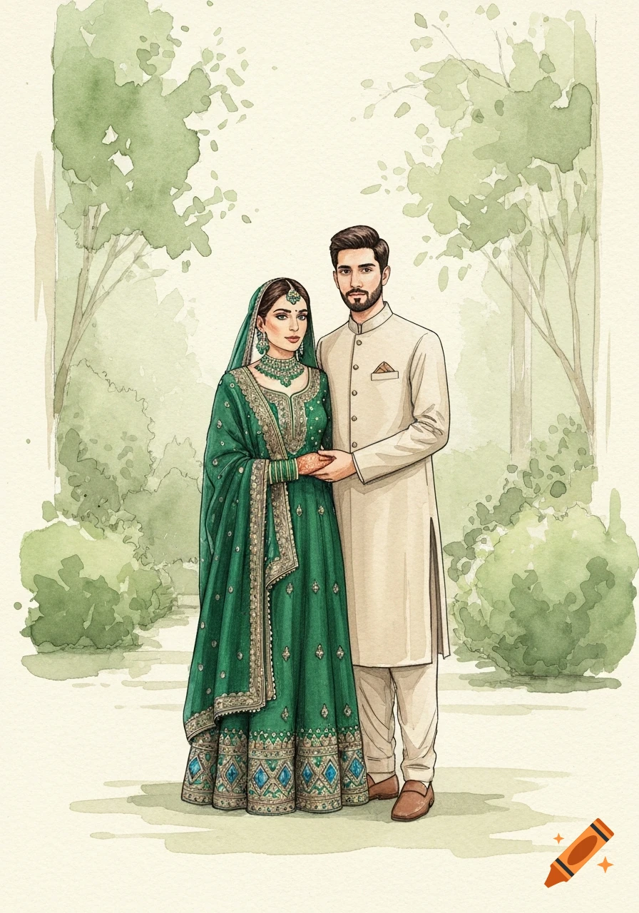 Watercolor illustration of a Pakistani bride in an emerald green dress and a groom in an off-white outfit, holding hands in a garden.