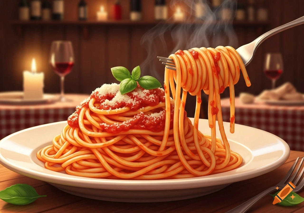 A plate of spaghetti with tomato sauce, Parmesan cheese, and basil, with a fork lifting strands, in a warm restaurant setting.