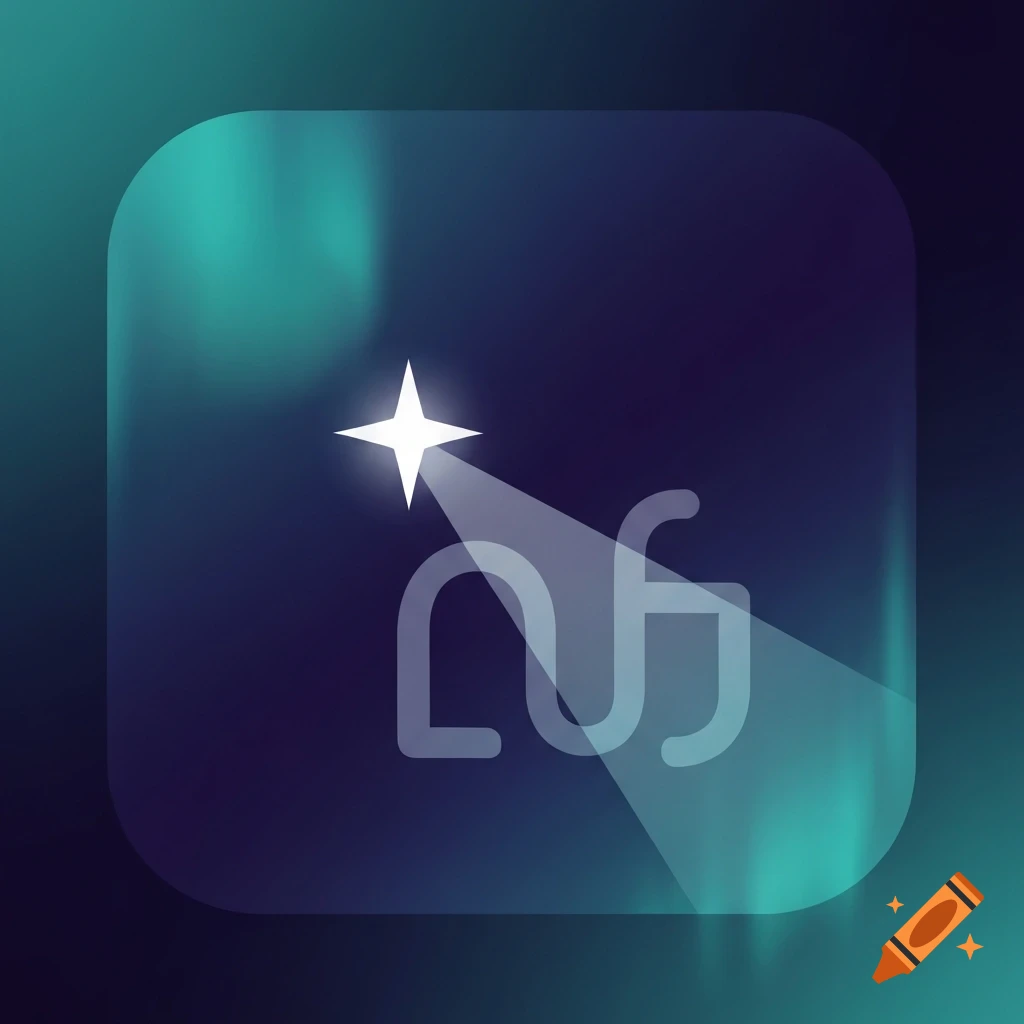 A minimalist app icon featuring a white shining star casting a light beam onto abstract shapes, set against a deep indigo to teal gradient background.