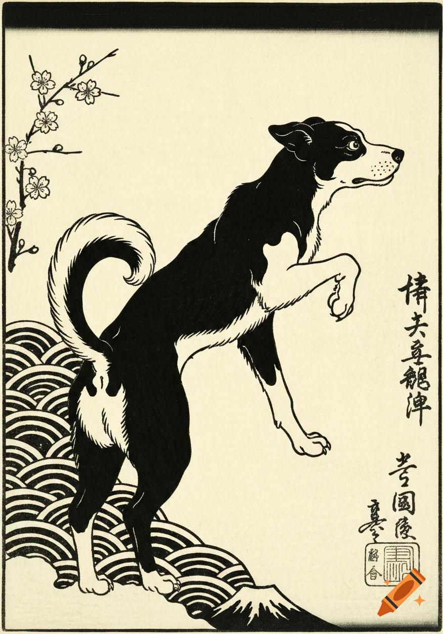 Black and white Japanese woodblock print of a dog standing on stylized waves, with cherry blossoms and a mountain.