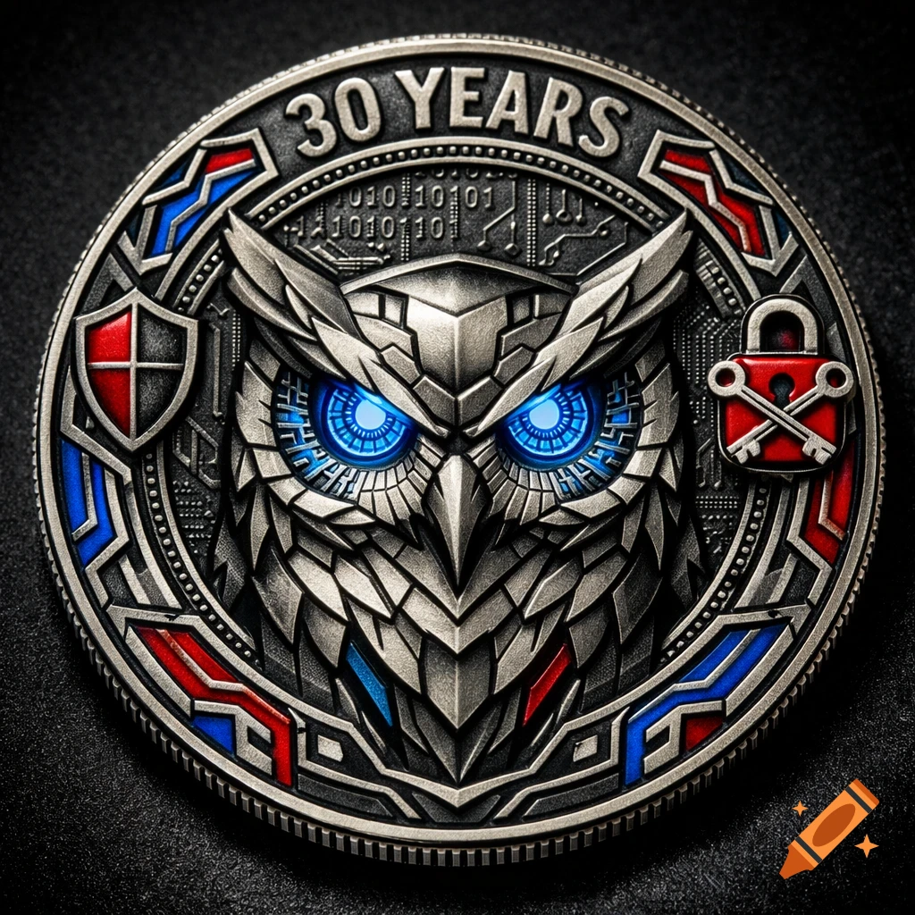 A detailed metallic challenge coin featuring a stylized owl with glowing blue eyes, '30 YEARS' text, a shield, padlock with keys, and circuit patterns.