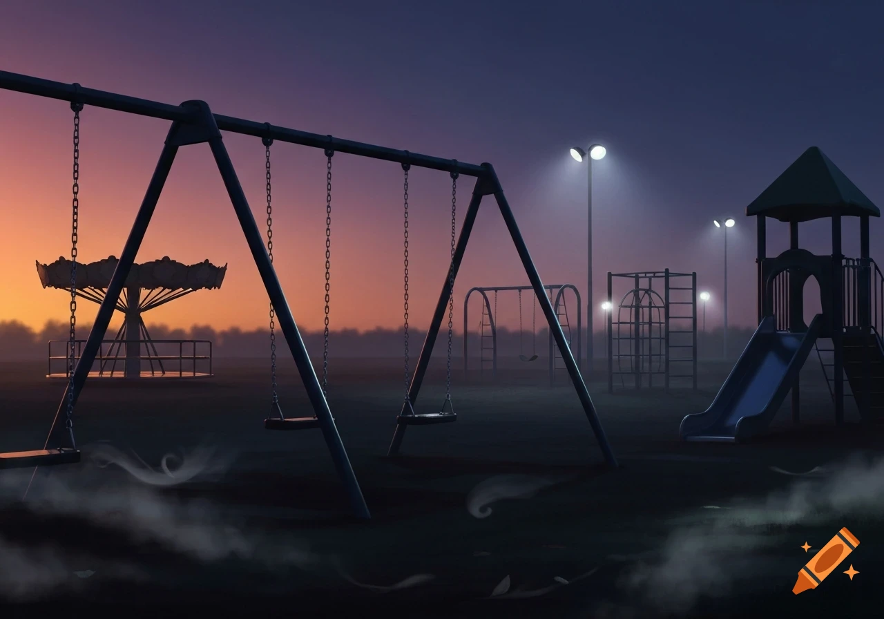 An eerie, misty playground at dusk with swings, a merry-go-round, a slide, and bright streetlights against a purple-orange sky.