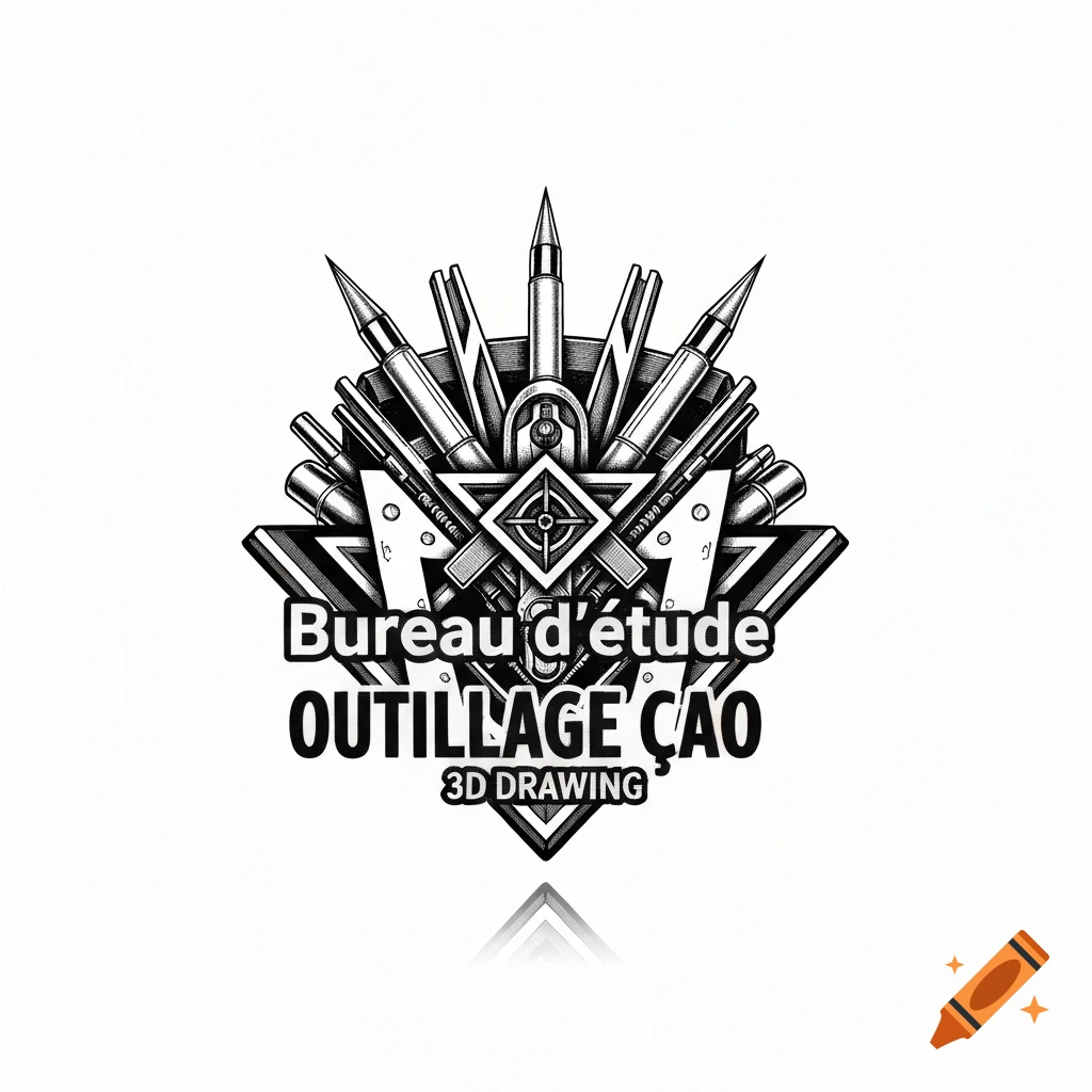Black and white logo featuring stylized bullets and tools surrounding text 'Bureau d'etude OUTILLAGE CAO 3D DRAWING', with a reflection below.