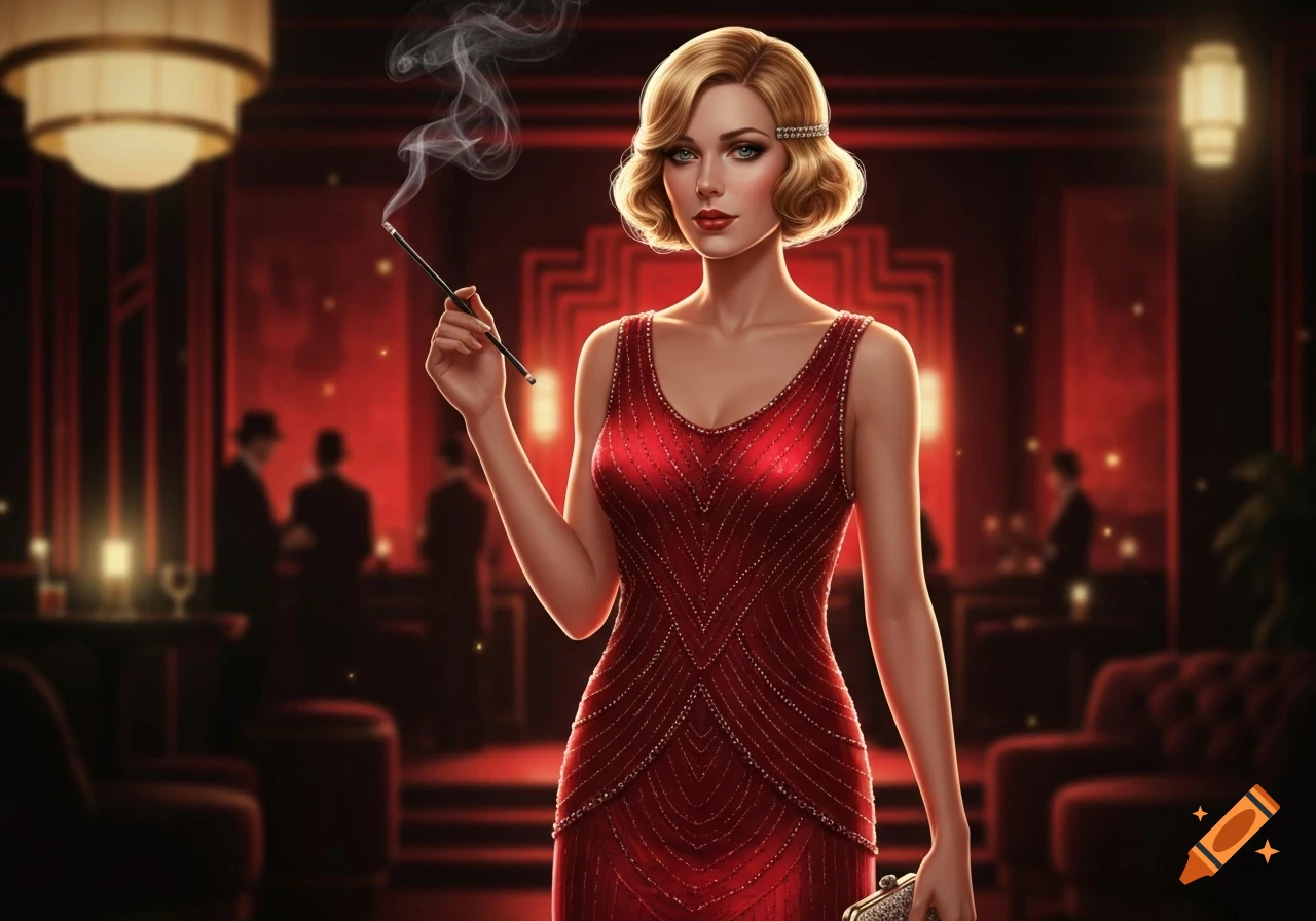 A blond woman in a shimmering red 1920s flapper dress, holding a cigarette holder with smoke, in a dimly lit art deco bar.