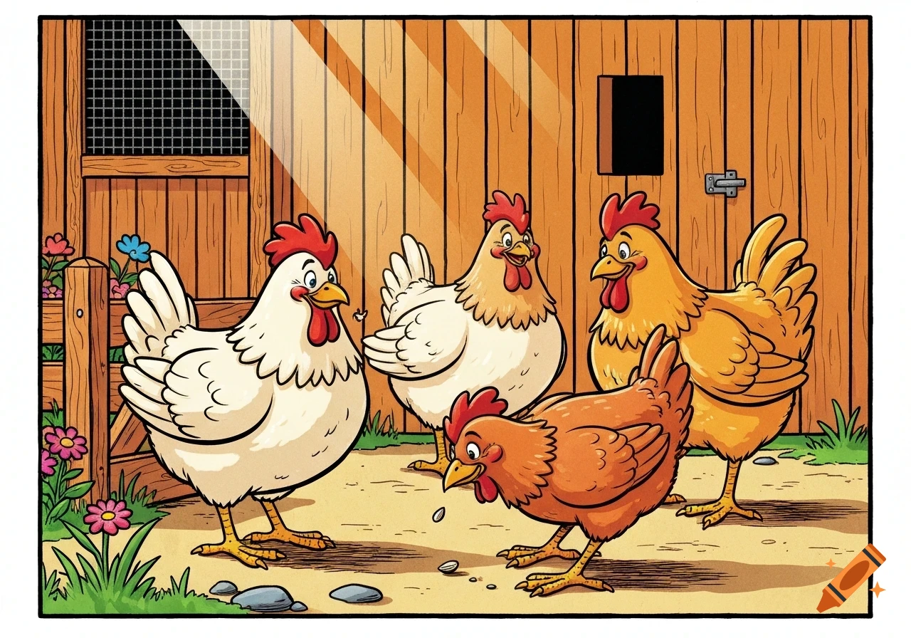 Four happy chickens in a comic style stand in front of a wooden coop with flowers.
