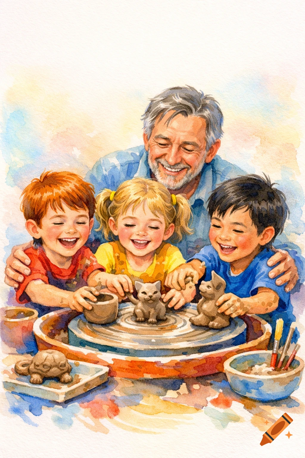 A watercolor illustration of a smiling grandfather and three happy children making clay shapes on a pottery wheel.