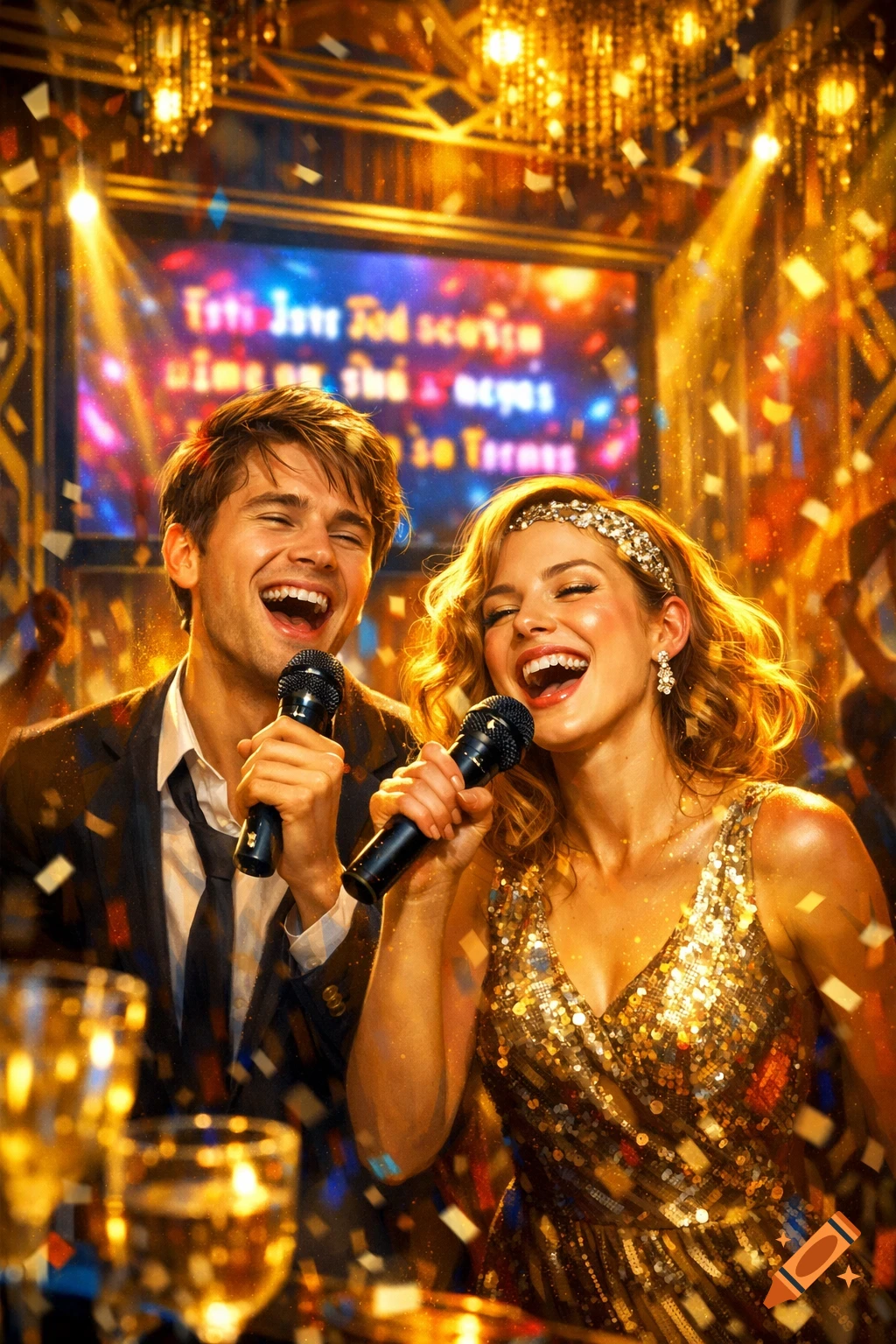 A joyful man and woman sing into microphones at a vibrant karaoke party, surrounded by golden lights and confetti.