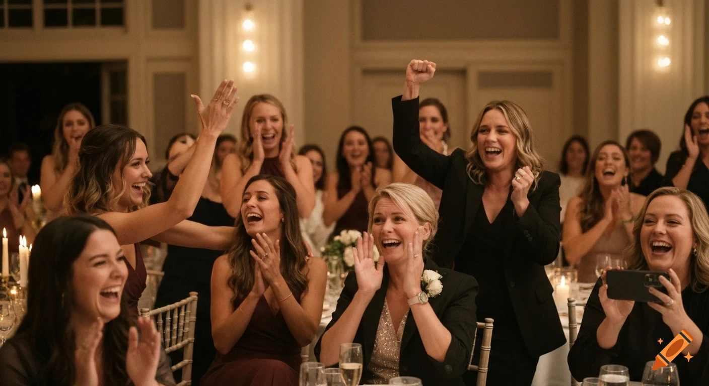 A group of women cheering, clapping, and laughing in a warmly lit wedding reception hall, captured in a photorealistic style.