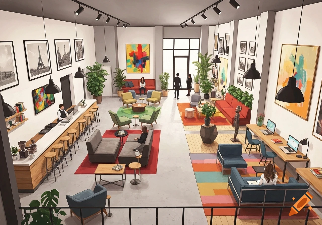 An illustrated, overhead view of a stylish modern hotel lobby with a cafe bar, lounge seating areas with colorful rugs, abstract and black and white art on the walls, green plants, and people working or relaxing.