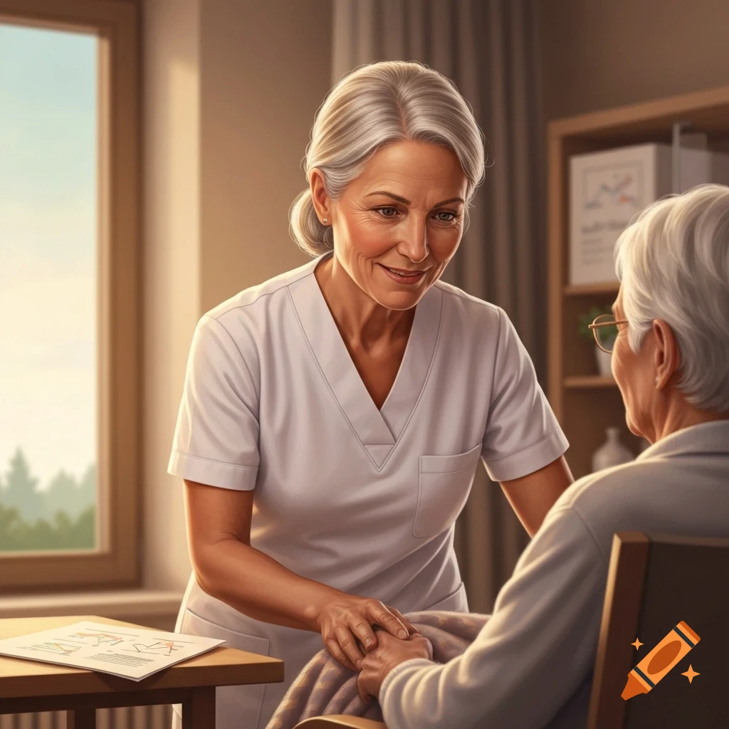 A smiling female care worker in scrubs holds the hand of an elderly patient in a warm room.