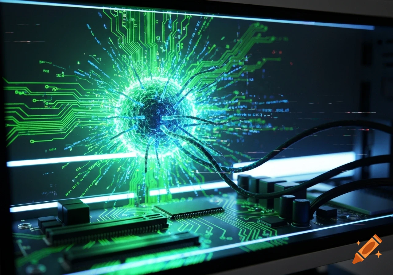 A glowing blue-green, virus-like sphere with wires on a dark circuit board screen, surrounded by digital code.
