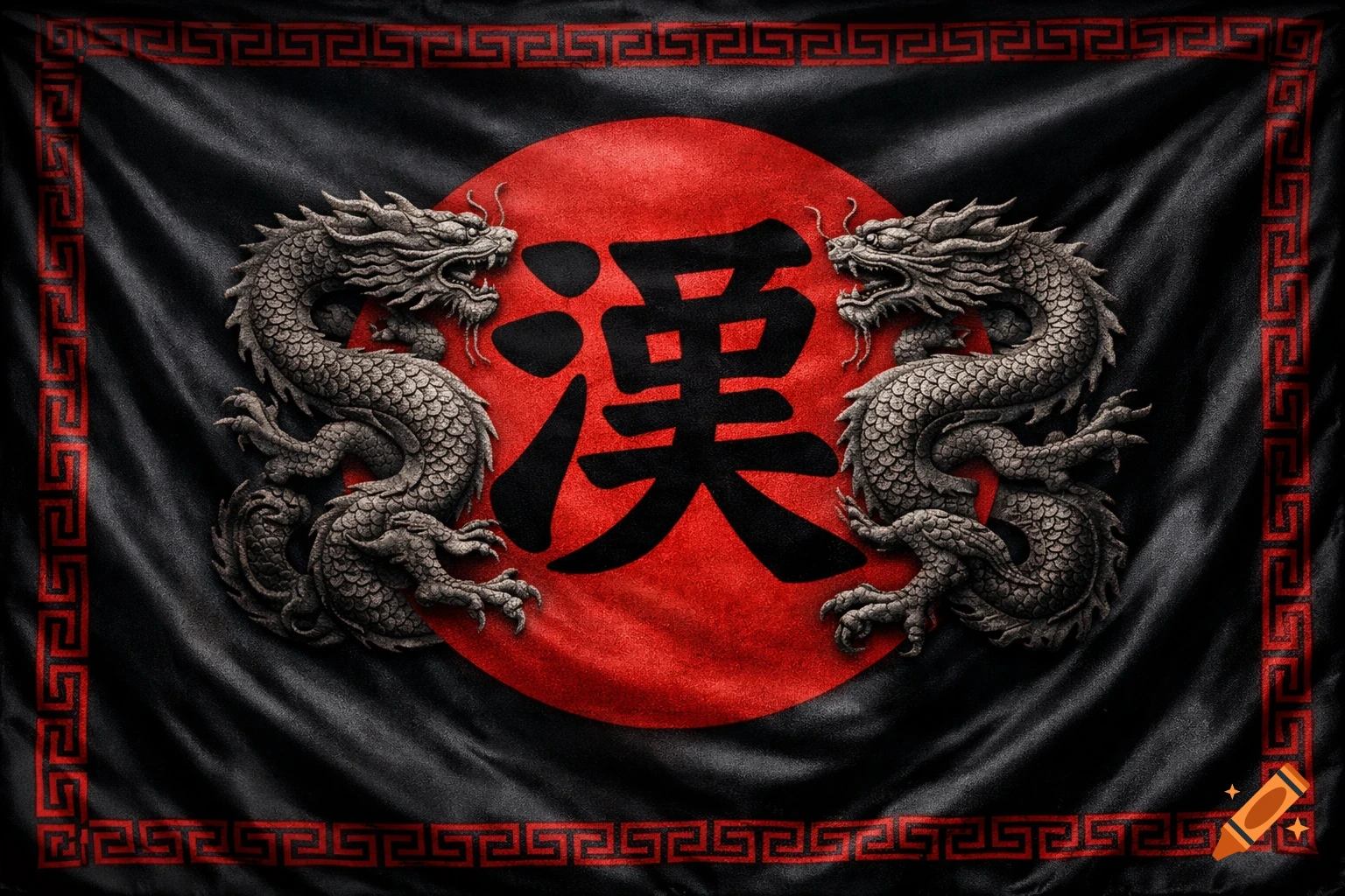 A black flag with two detailed gray dragons flanking a red circle with the black Chinese character '汉', bordered by red meander patterns.