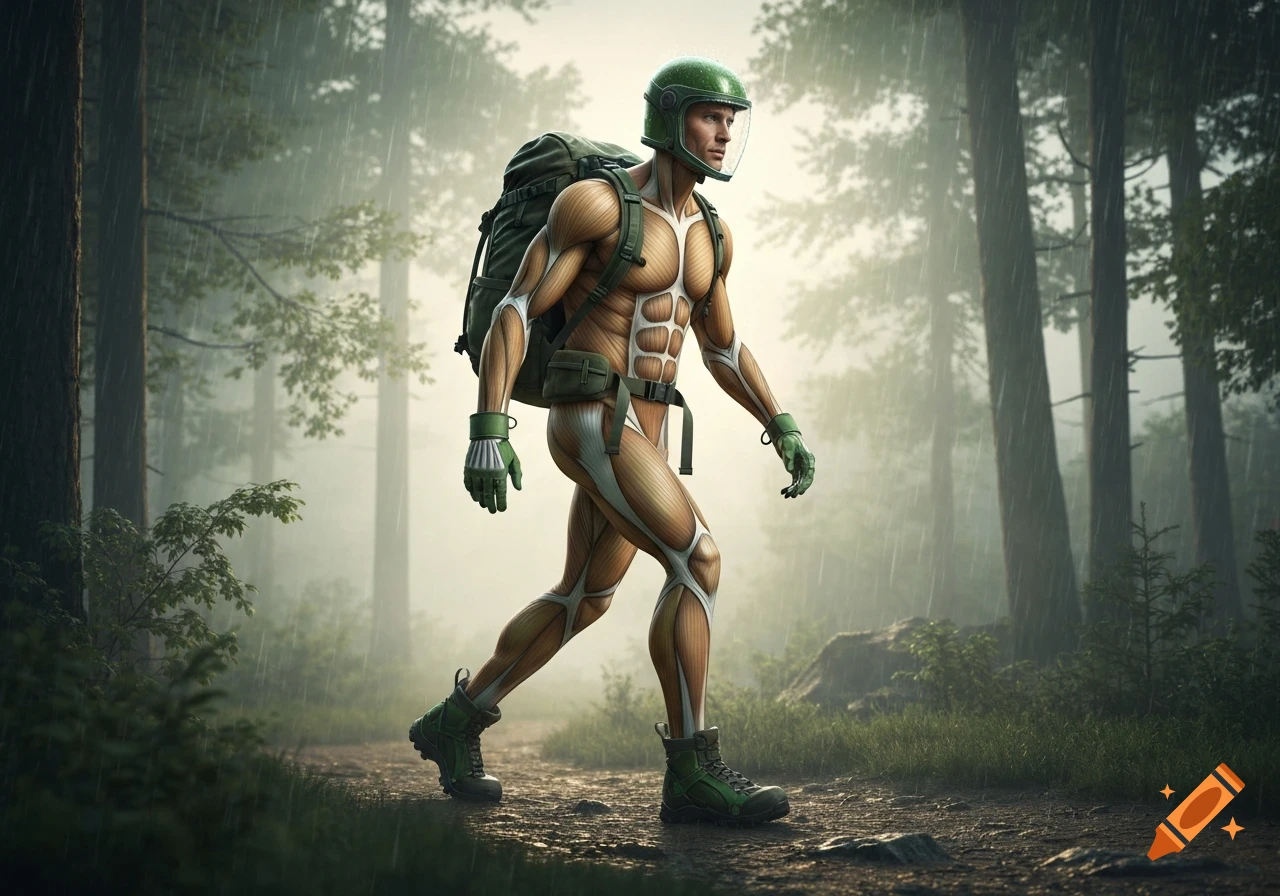 A man in a green muscle exoskeleton suit and helmet, with a large backpack, hikes on a forest path during a rainy dawn.