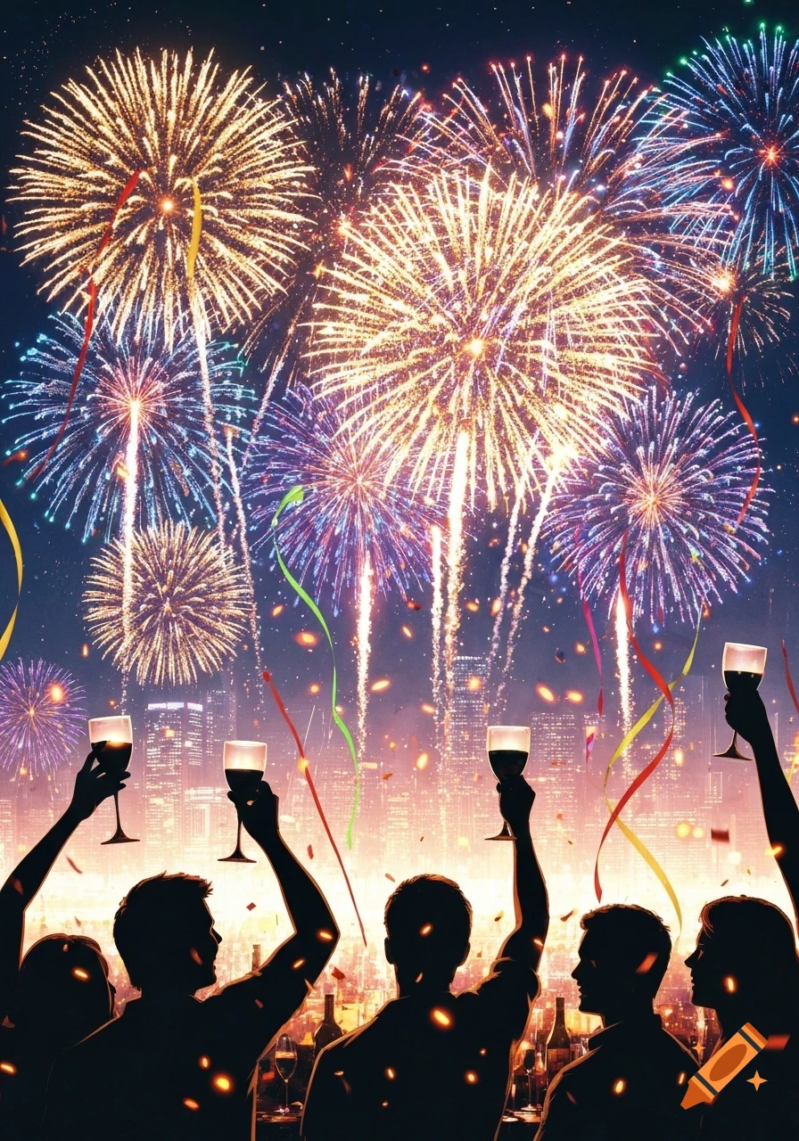 Silhouettes of people toast under a vibrant fireworks display over a city skyline at night with falling confetti.