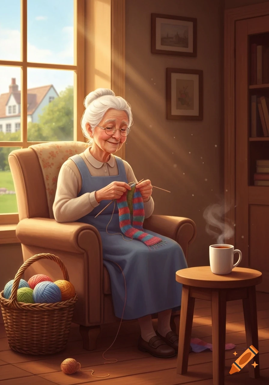 An elderly woman with white hair and glasses sits by a sunny window, knitting a colorful striped garment. A basket of yarn and a steaming mug are nearby.