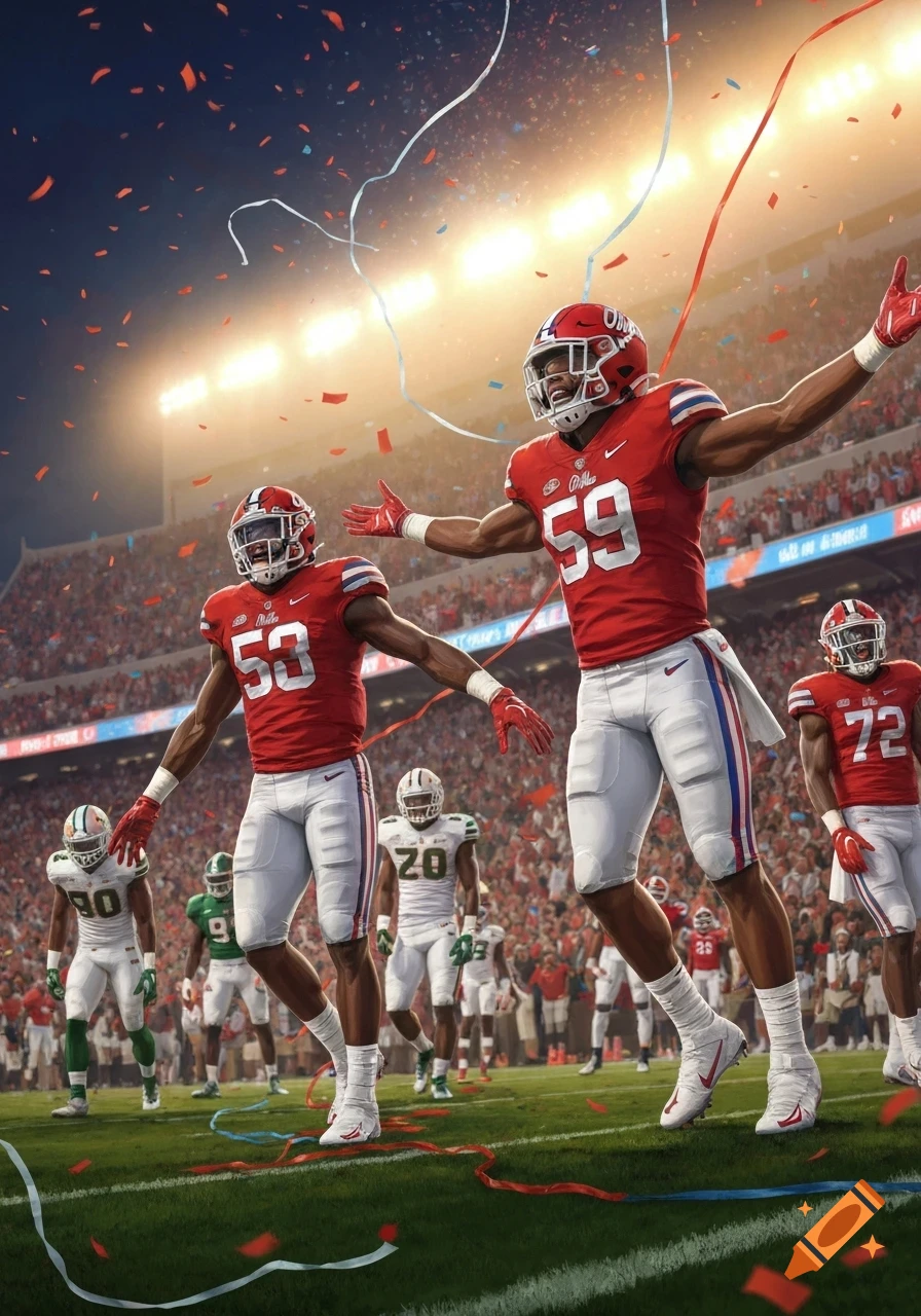 American football players in red and white uniforms celebrate on a stadium field, surrounded by confetti and cheering fans under bright lights.