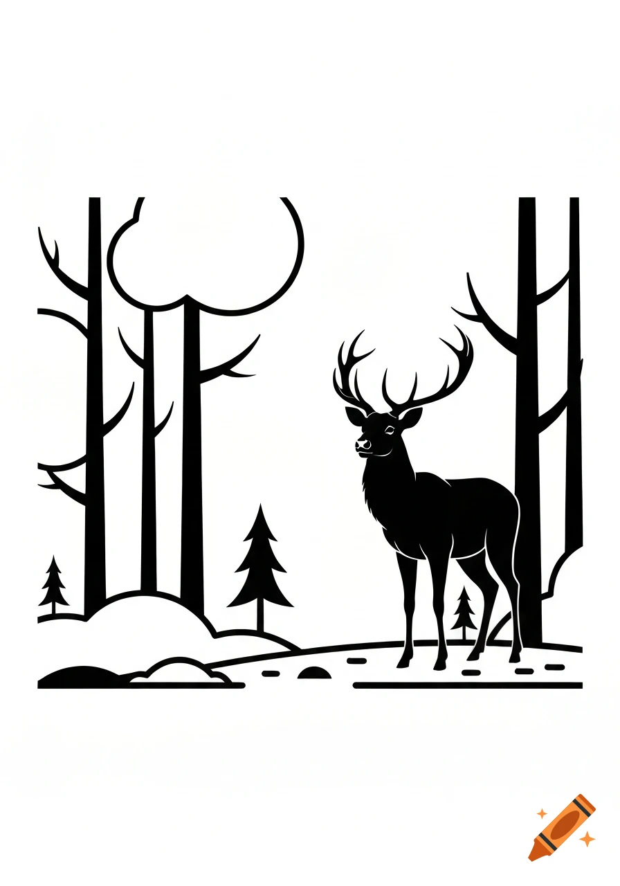 Black and white vector illustration of a majestic deer with antlers in a forest.