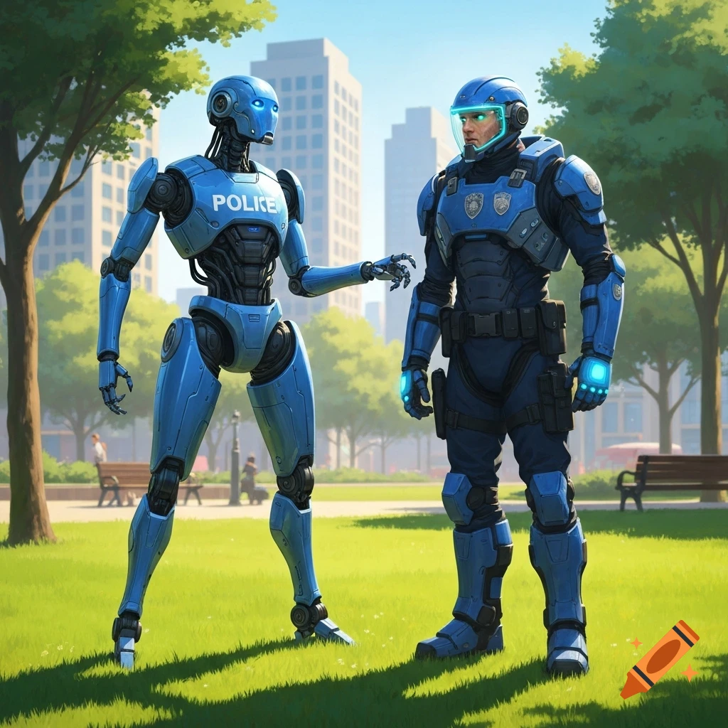 A blue police robot and an officer in a blue exoskeleton stand in a sunny park with city buildings in the background.