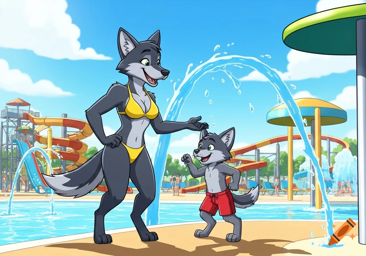 Cartoon of an adult female wolf in a yellow bikini and a young wolf in red trunks at a sunny water park, playing in a water jet.