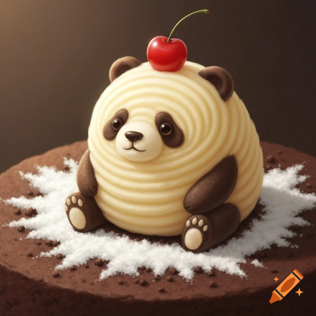 A cute panda-shaped dessert with swirled light yellow frosting, chocolate ears and limbs, topped with a red cherry, sitting on a chocolate cake with powdered sugar.