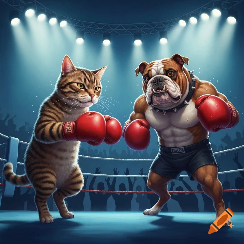 A cartoon cat and a muscular bulldog face off in a boxing ring, both wearing red boxing gloves, under bright stadium lights.