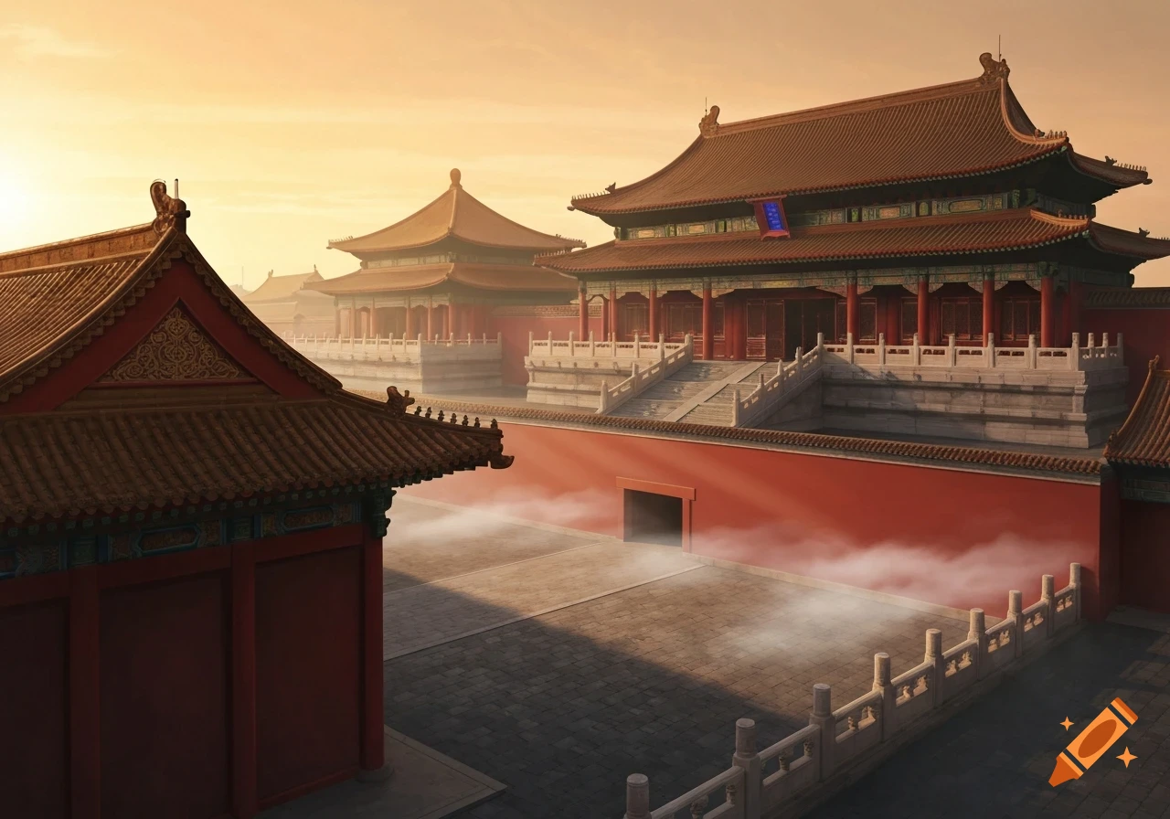 A majestic view of traditional Chinese palace buildings with red walls and ornate roofs under a glowing golden sky, with mist rising from the courtyard.