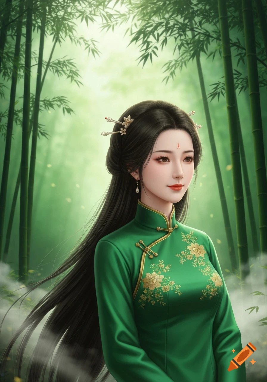 Digital art portrait of a Chinese woman with long dark hair, wearing a green traditional dress with gold embroidery, in a bamboo forest.