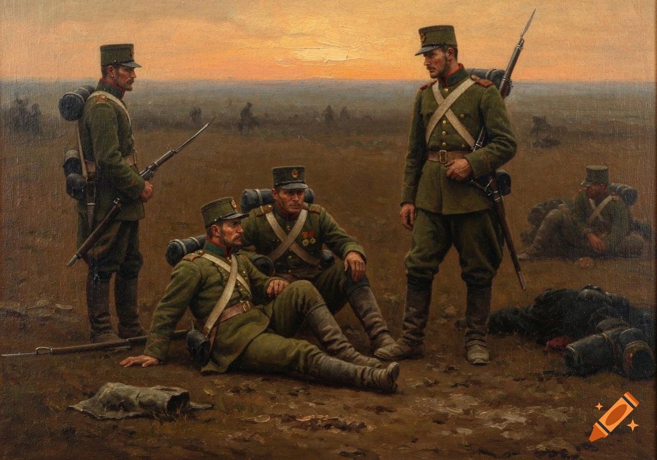 Oil painting of soldiers on a battlefield at sunset, some standing, some resting, with distant figures.