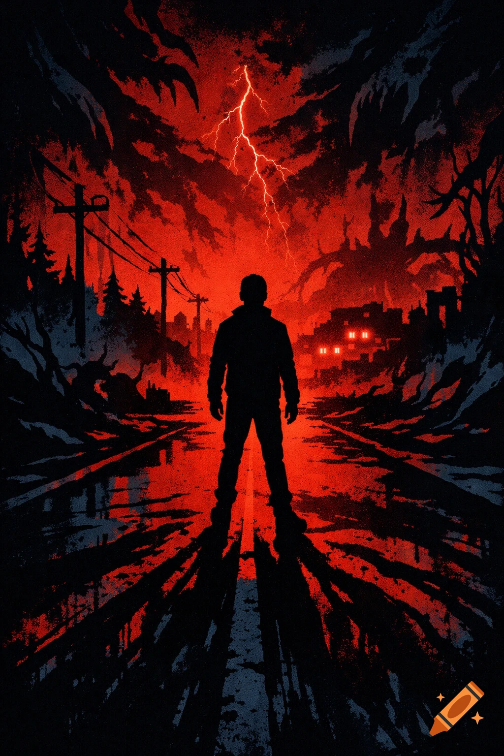 A silhouetted figure stands on an eerie, red-lit road looking at a distant city under a stormy red sky with lightning. Dark poster art.