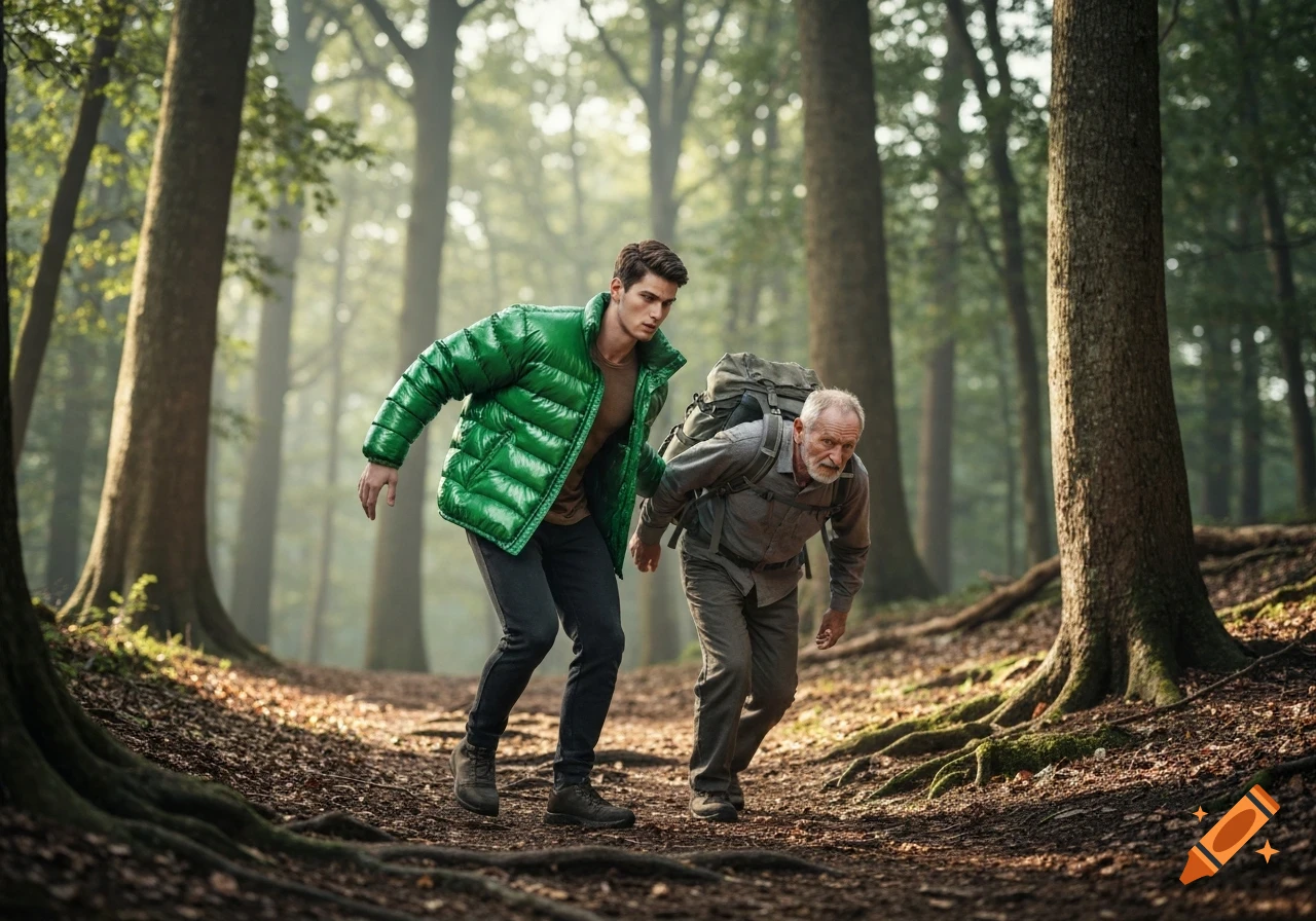 A young man in a shiny green puffer jacket pulls an older man with a backpack along a sunlit forest path.