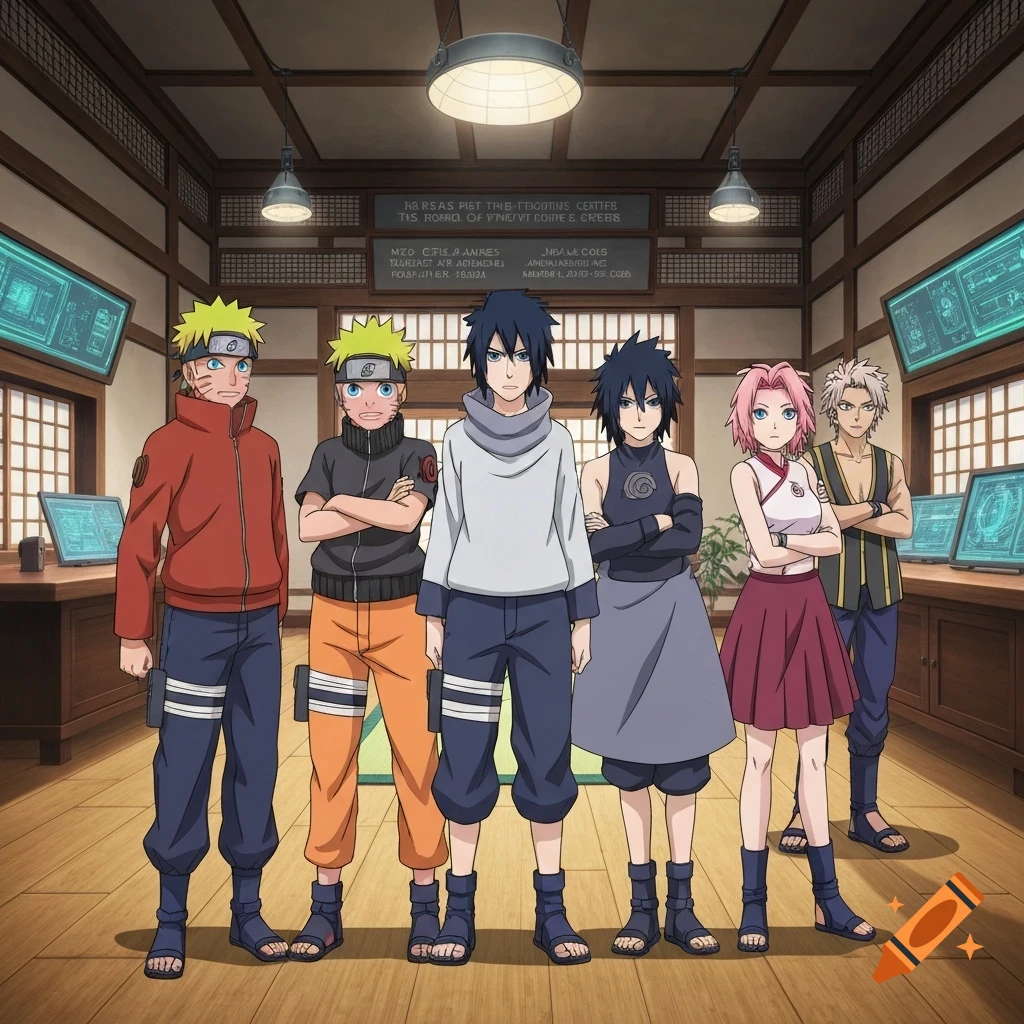 Six anime characters, resembling Naruto, Sasuke, and Sakura, stand in a wood-paneled room with glowing screens and blurred signs.
